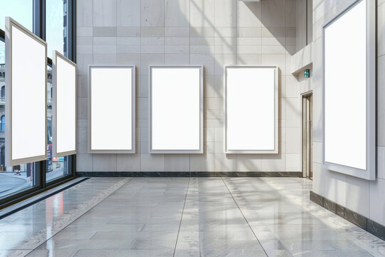 Six blank white poster frames along the walkway in modern interior design wall frame mockups display arts