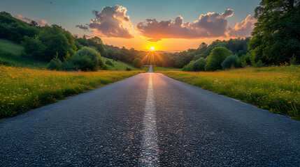 beautiful sun rising sky with asphalt highways road in rural scene. - obrazy, fototapety, plakaty