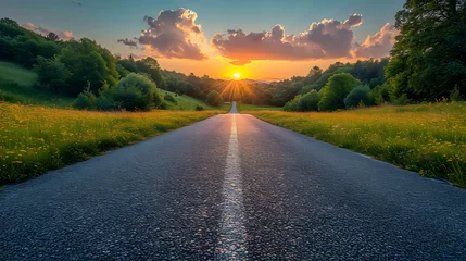 Deurstickers beautiful sun rising sky with asphalt highways road in rural scene. © kaiden