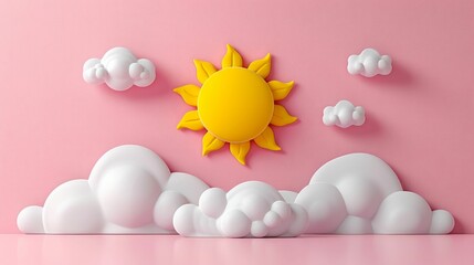 Cheerful Sun Character with Clouds on a Pink Background. Generative ai