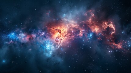 A mesmerizing depiction of a nebula with fiery red and cool blue tones forming an intricate star cluster - obrazy, fototapety, plakaty