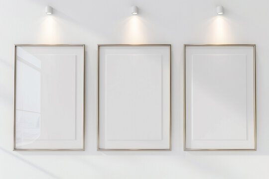 Three mockup white blank museum art frames on white clean wall background with lighting.