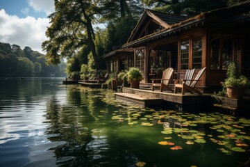 Fototapeta na wymiar House by a lake on a dock, surrounded by water, trees and nature
