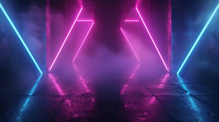 Pink and blue neon lights frame a fog-filled entrance, creating a mysterious and contemporary visual in a room