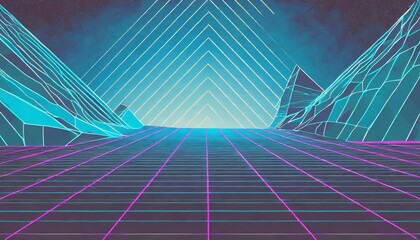 1980 s style abstract blue background with lines sci fi cyberpunk landscape retrowave backdrop - obrazy, fototapety, plakaty