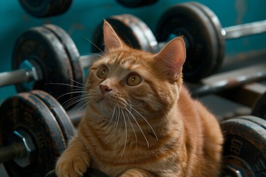Cat in a gym fitness center, engaging in workout routine. Funny approach to healthy and active lifestyle for overweight cat. Physical fitness for domestic home animals.
