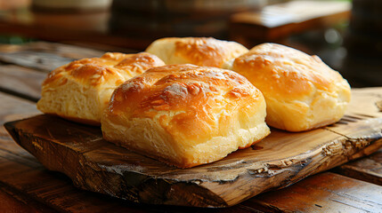 Freshly baked golden brioche rolls on wooden board