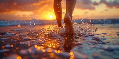 Walking Barefoot on the Beach at Sunset. Generative ai - obrazy, fototapety, plakaty