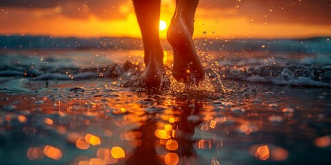 Walking Barefoot on the Beach at Sunset. Generative ai - obrazy, fototapety, plakaty