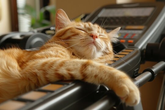 Cat in a gym fitness center, engaging in workout routine. Funny approach to healthy and active lifestyle for overweight cat. Physical fitness for domestic home animals.