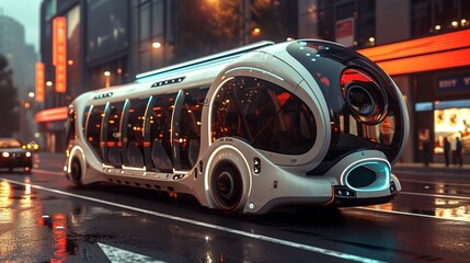 The cutting-edge design of a future concept vehicle is highlighted on a sunny urban street, epitomizing modern transport - obrazy, fototapety, plakaty