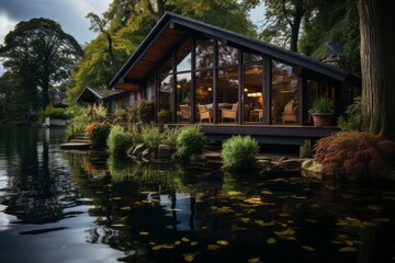 Fototapeta na wymiar House on small island in lake, surrounded by trees, creating natural landscape