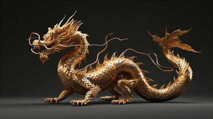 Obraz premium Majestic golden Chinese dragon statue with intricate details, symbolizing power and wisdom in Eastern culture, presented on a dark, muted background