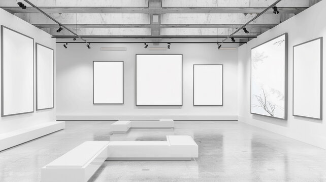 An avant-garde white art gallery, where empty blank mock-up posters are displayed in frames of a cool, slate grey. The sophisticated grey frames add a refined, 