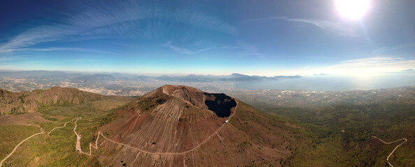 aerial view of Mount Vesuvius volcano overlooking Pompeii and the Bay of Naples