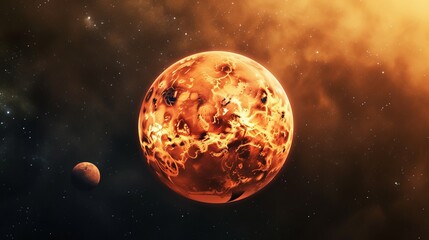 Fiery orange planet with intricate surface details paired with a smaller celestial body against a nebula backdrop