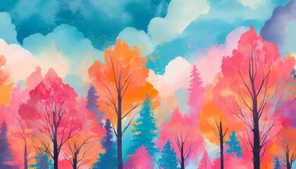Obraz na płótnie Canvas wallpaper abstract forest blue sky pink and orange paint background