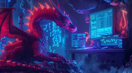 A dragon using a computer to mine Bitcoin minimalist cave - obrazy, fototapety, plakaty