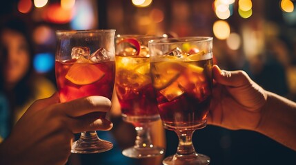 Two hands holding glasses with orange and red chilled drinks with ice and fruit slices against a blurred bar background - obrazy, fototapety, plakaty