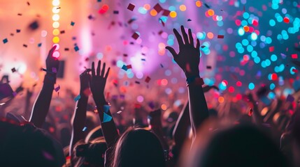 The image captures a vibrant, lively crowd with hands raised enjoying a live music concert under...