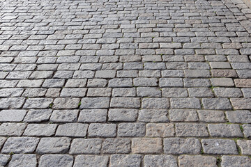 City square street lined with square gray bricks, cobblestones, city pavement all over the square...