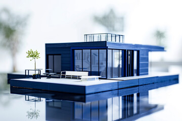 A modern indigo-colored miniature house, reflecting a sense of depth and sophistication against a bright white backdrop.