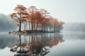 Fotobehang Trees on island in lake create natural art amidst water and sky © yuchen