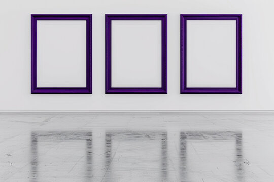 A minimalist white art gallery with empty blank mock-up posters framed in deep purple. The regal purple frames add a layer of mystery and depth to the gallery,