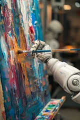 A painter robot creating a masterpiece, brush in hand, with a lavender palette