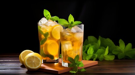 Two refreshing glasses of lemon iced tea garnished with mint, on a wooden tray, suggesting a refreshing break