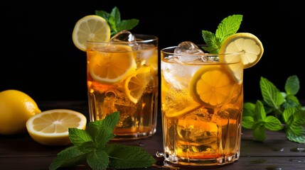 Twin glasses of enticing lemon iced tea with ice cubes and fresh mint, perfect for a shared moment