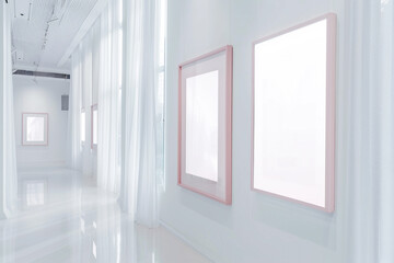 A pristine white art gallery where empty blank mock-up posters are highlighted in frames of a delicate blush pink. 