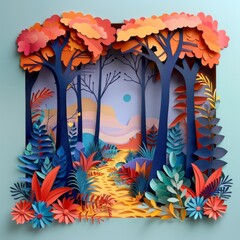 A paper cut forest scene, vibrant hues, minimalist design