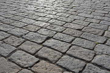 City square street lined with square gray bricks, cobblestones, city pavement all over the square...