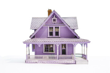 A serene lavender miniature house in craftsman style, standing out against the pure white background with its unique charm.