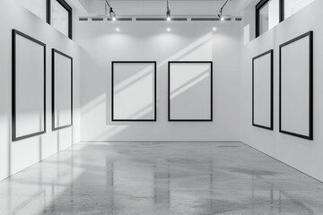 A serene white art gallery space with empty blank mock-up posters framed in matte black, providing a striking contrast against the white walls. Spotlights from the ceiling 