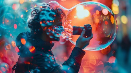 A photographer capturing the moment a bubble pops, with the surroundings reflected in vibrant, shifting colors