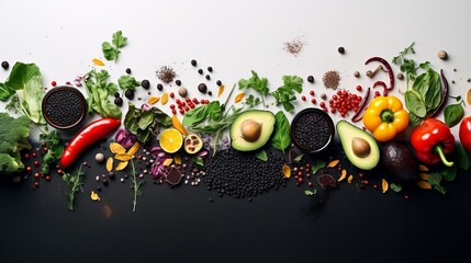 Fresh vegetables and spices spread across a dark background captured in a wide photographic composition