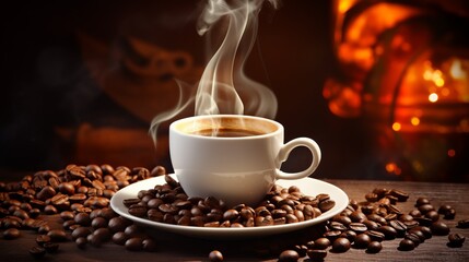 A warm cup of coffee with a gentle backdrop flame, providing a sense of coziness amid coffee beans