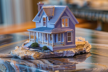 A soft periwinkle miniature house, offering a hint of mystery and charm, on a polished onyx surface.