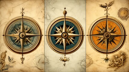 Fototapeta na wymiar Three detailed compass designs with mythological creature motifs on antique-style map background