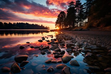 A serene sunset over a lake with rocky shores, trees, and colorful sky