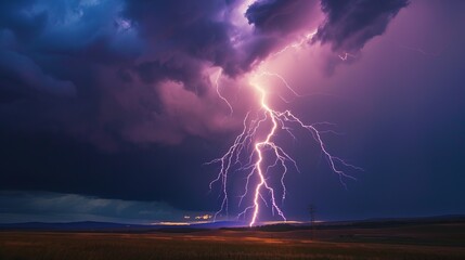 A breathtaking image capturing a powerful lightning strike reaching down to the earth under a dramatic purple sky over a scenic plain