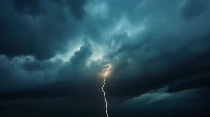 Fotobehang An atmospheric image showcasing a lone, bright lightning strike piercing through ominous dark storm clouds © Maximilian