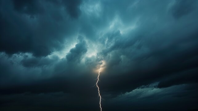 An atmospheric image showcasing a lone, bright lightning strike piercing through ominous dark storm clouds