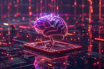 Big data and artificial intelligence concept. Human brain glowing from processor, symbolizing the fusion of human intelligence and machine learning capabilities. Evolution of technology of data.