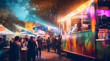 A food truck stands out with neon lights at a night street fair with crowds mingling around - obrazy, fototapety, plakaty