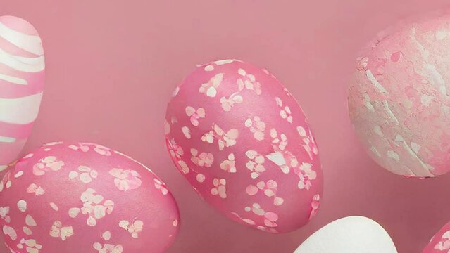 4K Video Easter Egg Symphony: Pastel Pinks and Whites on a Soft Pink Background, Seamless Easter Pattern: Pink and White Eggs on Pink Background