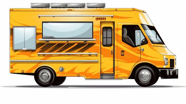 An illustrated vibrant yellow food truck with stylish tribal flames on the side