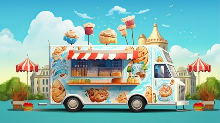 An illustrative image featuring a vibrant food truck selling desserts set against urban background with historic buildings - Powered by Adobe